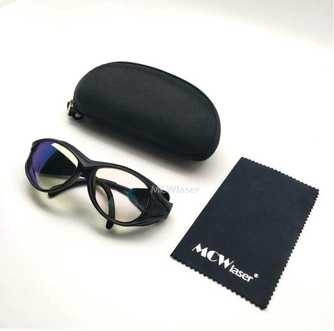 Heavy Duty Laser Safety Glasses For YAG Fiber Laser Engraver with case and cleaning cloth, rugged black nylon frames.