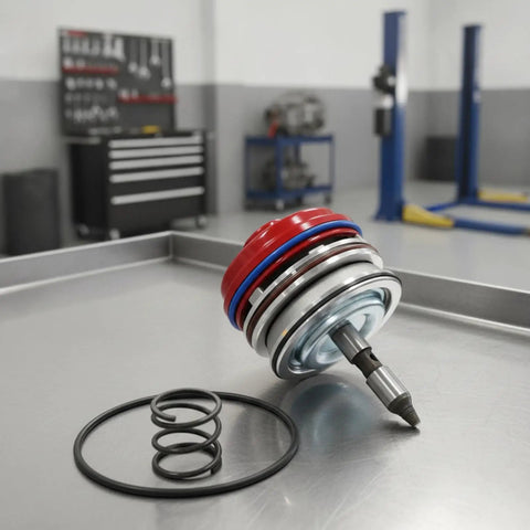 Heavy Duty Transmission Servo Cover Actuator Assembly with red and blue rings and spring on a garage workbench.