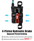 Four Piston Hydraulic Mountain Bike Brake Set Front 850mm And Rear 1600mm Disc Kit PM IS Adapter detail view