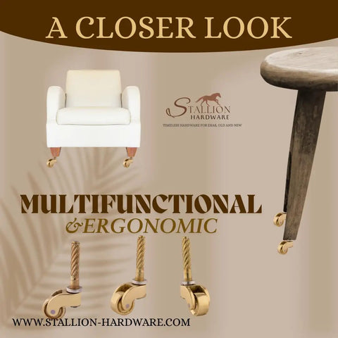 Heavy Duty Brass Furniture Casters With Slick Rolling Swivel Wheels And Quick Mounting Screws No Fuss Vintage Style Replacement Rollers For Tables Couches. Stylish caster wheels showcased with an ergonomic armchair.