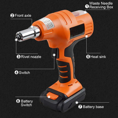 14.4V Cordless Rivet Gun With Rechargeable Lithium Battery Portable Electric Pull Riveter Tool showing rivet nozzle, switch, and battery base.