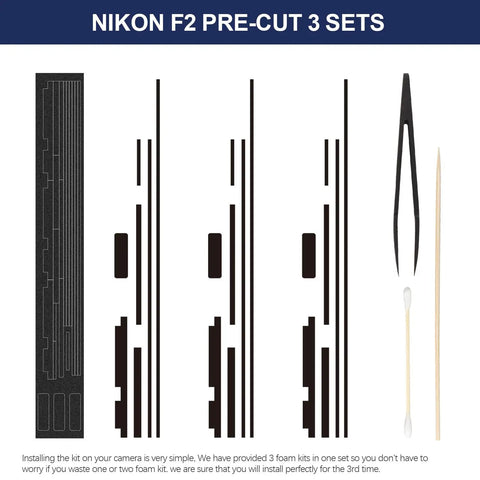 Pre-Cut Light Seal Foam Replacement Kit For Nikon F2 F2A F2AS Film Camera with three adhesive strips and installation tools.