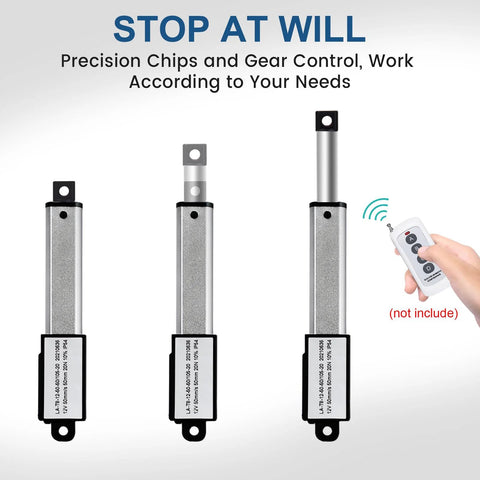 Three DC HOUSE mini electric linear actuators in retracted, mid, and extended positions; silver shafts, black housings.