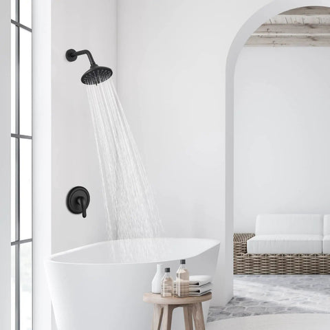 8 Inch Rainfall Shower System With Adjustable Circular Head Wall Mount Curved Extension Arm Pressure Balance Valve Matte Black