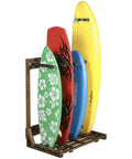 Rustic Burnt Wood Freestanding Surfboard Rack, 4 Foot Tall Vertical Stand For Indoor Storage, Holds Four Boards, Side View