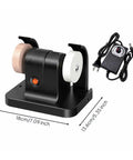 No-Nonsense Black Desktop Grinding Machine Featuring Heavy Duty Copper Motor For Robust Material Removal And Precision Sharpening Compact Bench Tool With Rock Solid Base on a workbench with dimensions.