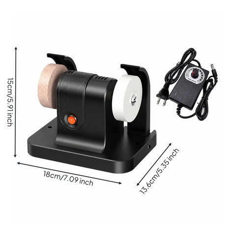 Rock Solid Compact Bench Grinder with Copper Motor Twin Wheels Adjustable RPM and Polishing Attachment Black Shell side view dimensions