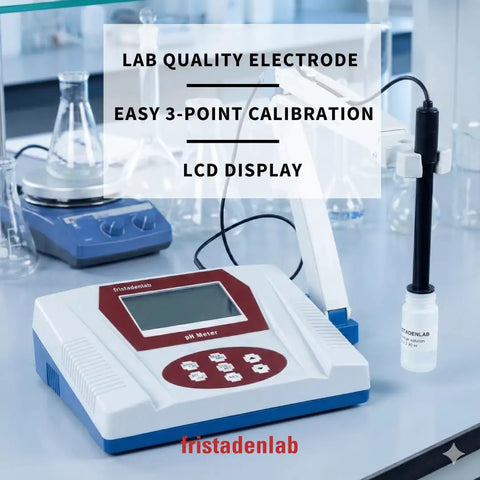 Benchtop pH Meter with Lab-Grade Electrode, 0.01 pH Accuracy, 3-Point Calibration displayed with labware in a laboratory setting