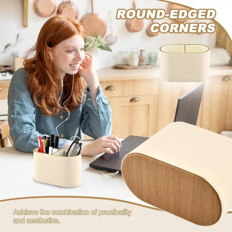 Woman working at desk with PU Leather Desk Organizer Caddy With Two Compartments Remote Control Holder Pencil Cup Makeup Brush Holders All In One Multifunctional Desktop Organizer For Home Office And School.