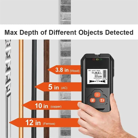 Ultimate Durable Digital Stud Finder And Wall Scanner With Bright Lcd Display showing max depths for wood, AC, copper, and ferrous objects.