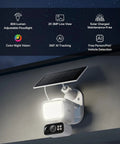 2K Outdoor Pan Tilt Floodlight Security Camera Battery Powered With Solar, 360 Degree AI Motion Tracking, installed on wall