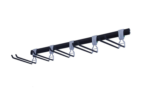 Heavy Duty Wall Mounted Ski And Snowboard Rack Featuring Five Slick Storage Hooks, 48 inch solid rail.