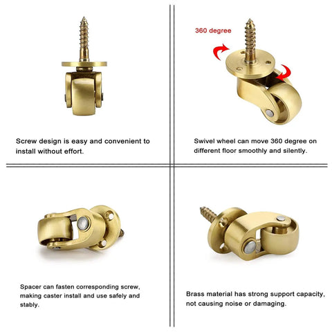 Heavy Duty Solid Brass Swivel Caster Wheels 4 Pack Vintage Furniture Casters visible with 360-degree rotation and screw mount features.