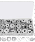 304 Stainless Steel Flat Washers Kit With 290 Pieces From M3 To M8 In A Heavy Duty Storage Box For Automotive And Home Repairs, Rust Resistant, Smooth Burr Free Surfaces, The Ultimate Do It Yourself Must Have For Quick Fixes. Open organizer with assorted flat washers from M3 to M8
