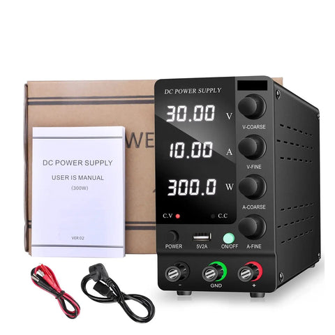 Built Tough Lab Bench DC Power Supply For Dead Reliable Electronics Testing With Precision Dial Controls Offering Adjustable 60V 5A And 30V 10A Output On Any Pro Shop Job Featuring Rock Solid Short Circuit Protection And Overload Shields with display and accessories.