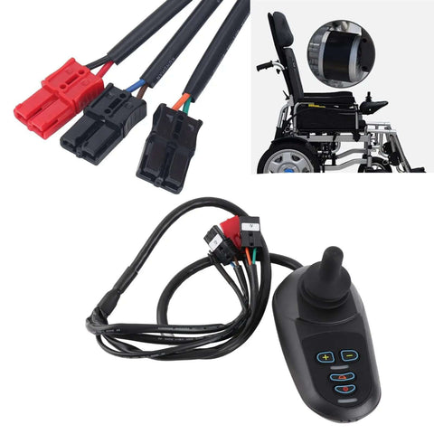 Electric Wheelchair Controller With Smooth Speed Change And Easy Install Works With Most Wheelchairs Stable Electromagnetic Brake System For Safe Parking And Anti Skid Stops Quick Replacement For Disabled Comfort On The Go with cables and wheelchair installation view.