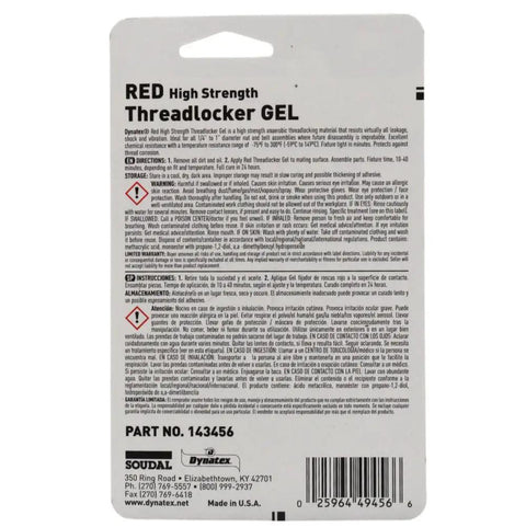 Back view of Red High Strength Gel Thread Locker packaging with instructions visible.