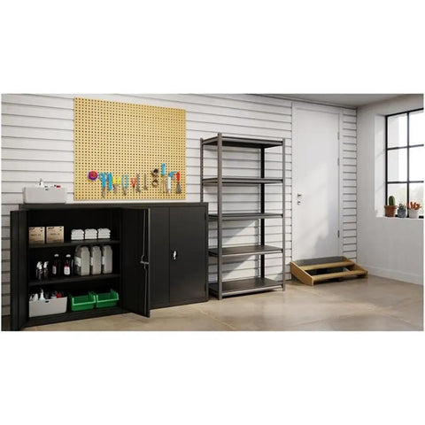 Bulletproof 3200 Lb Riveted Metal Shelving Unit 72 X 36 X 18 Inches in garage with cabinet and pegboard for tools.