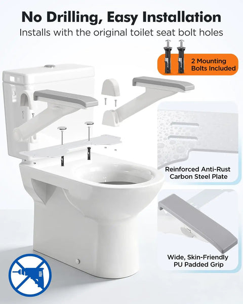 Built Tough Flip Up Toilet Safety Rails With Smooth 115 Degree Swing And Reliable Four Level Height Adjustments Delivers Solid 330 Pound Support For Hassle Free Bathroom Access, with installation details.