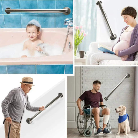 Built Tough 24 Inch Shower Grab Bars 2 Pack, Rock Solid Stainless Steel Bathroom Safety Handles in use by various individuals.