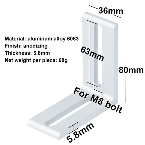 6 Pack 4040 T-Slot Aluminum Inside L Shape Corner Connectors, Heavy Duty M8 Bolt Mounts With Anodized Silver Finish, 36x63mm size.