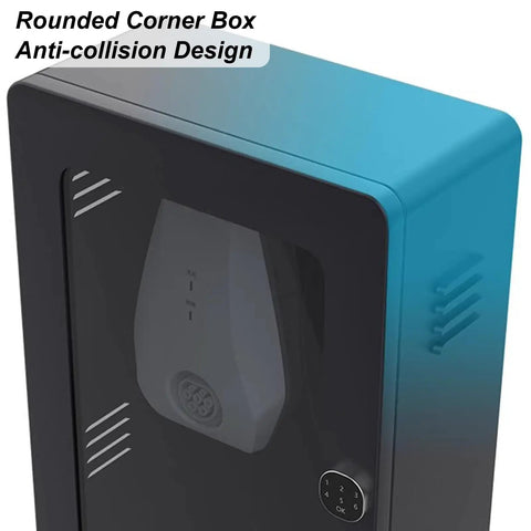 Tough As Nails Lockable EV Charger Pedestal Box With Secure Key Entry Shield For Wall Mounted Outdoor Charging Stations, rounded corner design.