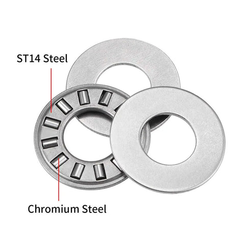 Top Shelf Chromium Steel Thrust Needle Roller Bearings With Washers 3/8 Inch Bore 13/16 Inch Outer Diameter 5/64 Inch Thick shop grade pair shown with washers.