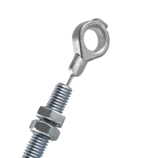 Close-up of a metal eye bolt attached to a cable from the Go Kart Steering Spindle Bracket Set Heavy Duty Five Eighth Inch Axle And Four And A Half Inch Long Brake And Throttle Pedal Kit Fits Predator 212cc 196cc 301cc 420cc Yerf Dog Manco Azusa Go Kart Parts Silver.