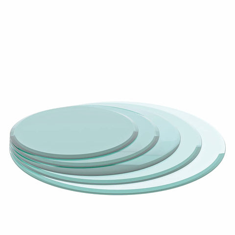 Stack of clear 32 Inch Round Tempered Glass Lazy Susan Turntable plates with beveled edges for dining and home office use.