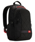Spacious 14 Inch Laptop Backpack With Snug Padded Sleeve And Secret Zippered Pocket Engineered For Busy Commuters Grabbing Their Tech On The Go During Workdays Or Weekend Outings In Black, side view with red accents.