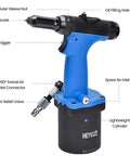 Professional Pneumatic Rivet Gun Equipped With Multi Size Nozzle Set Designed For Aluminum Steel And Stainless Steel Fabrication Tasks showing trigger, nozzle, and connectors.