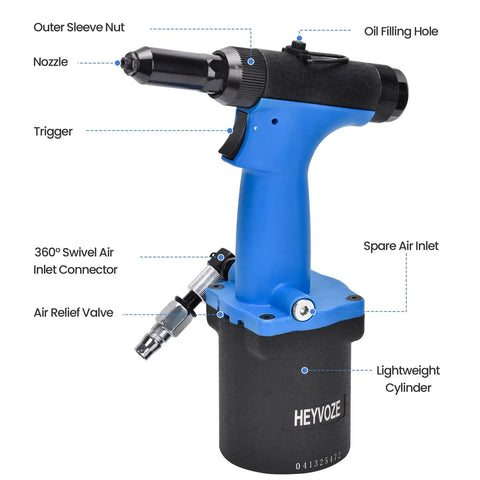 Professional Pneumatic Rivet Gun Equipped With Multi Size Nozzle Set Designed For Aluminum Steel And Stainless Steel Fabrication Tasks showing trigger, nozzle, and connectors.