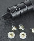 Straight Up Reliable Heavy Duty Adjustable Speed Pneumatic Rivet Nut Gun with Quick Swap Self Locking Tips and Built Tough Industrial Design, showing M5 M6 tips and fasteners.