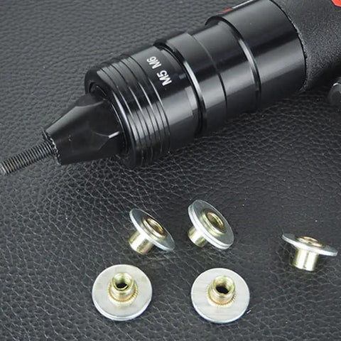 Straight Up Reliable Heavy Duty Adjustable Speed Pneumatic Rivet Nut Gun with Quick Swap Self Locking Tips and Built Tough Industrial Design, showing M5 M6 tips and fasteners.