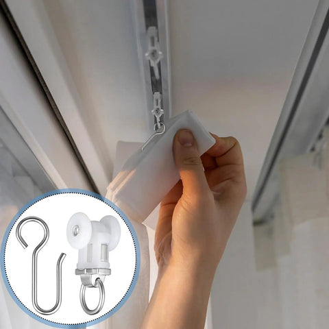 Real Deal Dual Wheel Ceiling Curtain Track Rollers And Hooks Kit With Smooth Ride Carriers Stainless Steel Hardware for easy curtain hanging.