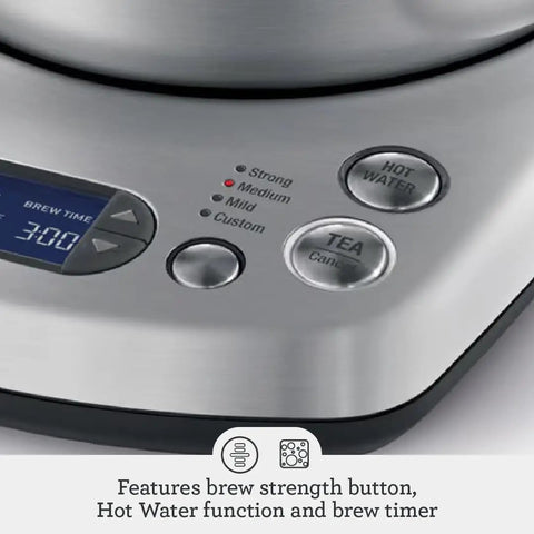 Close-up of Tea Maker Infuser And Water Kettle 51 Oz Capacity with programmable controls and auto tea basket, brushed stainless steel.