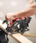 Heavy Duty 20V Cordless Circular Saw With Kickass Battery Life And Smooth Wood Cutting Performance For Weekend Warriors Hella Easy Handling in use on wood.