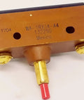 Workhorse Snap Action Switch Normally Closed Spst Pin Plunger Screw Mount 20 Amp 277 Vac with red actuator and screw mount.