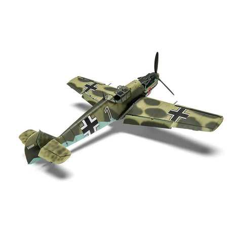 Messerschmitt Bf109E3 E4 Plastic Model Kit Set with camouflaged details, showing detailed parts and design, side top view
