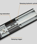 Close-up of Heavy Duty Twenty Inch Drawer Slides Soft Close Runners showing damping hydraulic cylinder and trigger components.