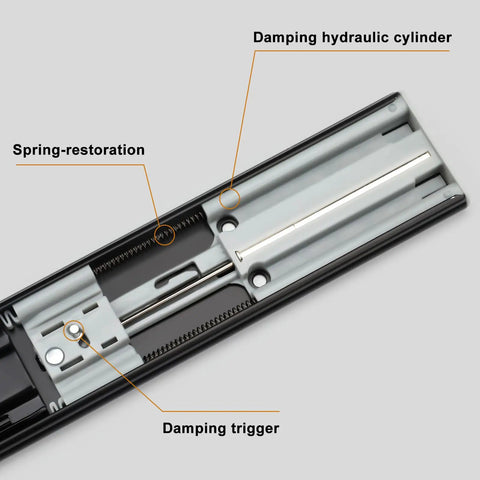Close-up of Heavy Duty Twenty Inch Drawer Slides Soft Close Runners showing damping hydraulic cylinder and trigger components.