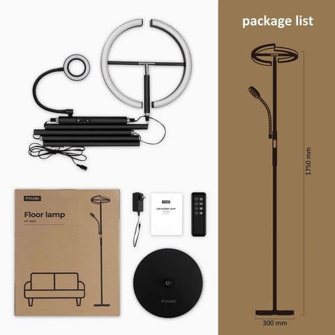 Split Floor Lamp With Reading Light Rotatable Dual Heads LED Standing Lamp parts and packaging layout.