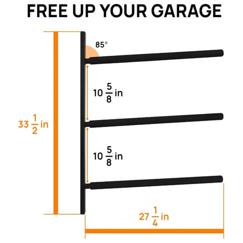 Dimensions of Badass Heavy Duty Steel Wall Mount Paddle Board Rack And Surfboard Hanger, showcasing three padded arms.