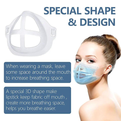 Woman wearing mask with Game Changing 3D Mask Bracket Inner Support Frame Made From Food Grade Plastic Washable and Reusable.