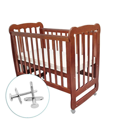 Straight Up Heavy Duty Stainless Steel Spring Plunger Latch With Corrosion Resistant Bolt And Four Included Mounting Screws Built Tough For Furniture Cabinet Doors And Bed Frames Locking Solid And Snapping Right Into Place Every Single Time, shown with wooden crib.