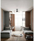 Soft Black Three Light Semi Flush Mount Ceiling Light With Frosted Glass Shade in modern bedroom setting