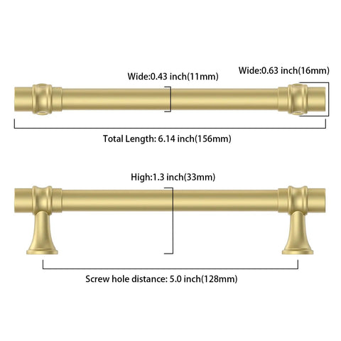 Ten Pack Of 5 Inch Brushed Gold Cabinet Handles Boasting Heavy Duty Metal Build Ideal For Snazzing Up Your Kitchen With Rust Proof Durability And Super Quick Install, showing dimensions.