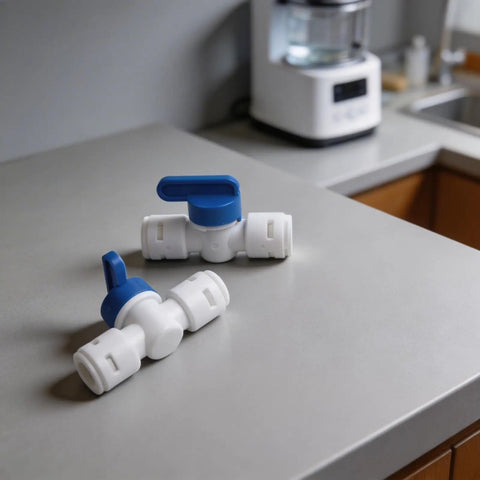 Two 3/8 Inch Quick Connect Shut Off Ball Valves, polypropylene material, blue handles, for water filter lines on a grey countertop.