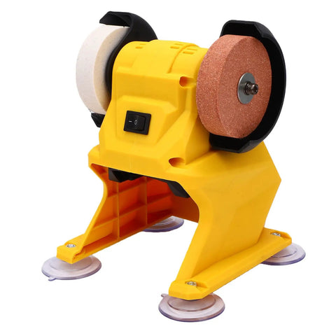 Go Anywhere Cordless Mini Bench Grinder Powerhouse With Dual 70mm Coarse And Fine Grinding Wheels 5500 Rpm Copper Motor, yellow design.
