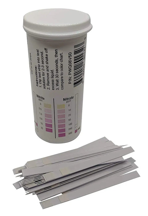 Premium Grade Nitrite And Nitrate Test Strips Covers 0 To 25 And 0 To 500 Ppm For Fish Tanks And Farm Wells Delivers Hella Accurate Readouts In Seconds With No Sweat Or Extra Effort, displayed in a container with test strips